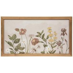 a framed painting with flowers and leaves on the bottom half, in a wooden frame