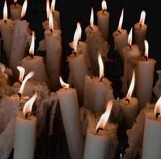 many lit candles are lined up in rows