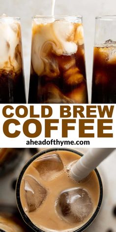 cold brew coffee in glasses with ice cubes on the side and text overlay that reads cold brew coffee