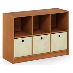 a wooden shelf with three bins and two drawers