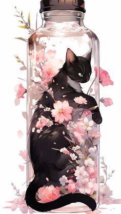 a black cat sitting in front of a jar filled with pink and white flowers on top of