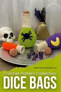 crochet pattern collection dice bags on a plate with skulls and flowers in the background