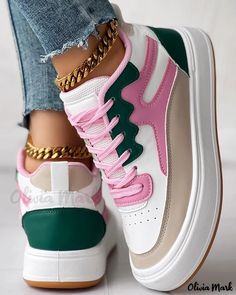 Olivia Mark - Lace-up Sneakers featuring Colorblock Design and Breathable Materials Trendy Green Color Block Sneakers, Trendy Pink Color Block Sneakers, Casual Pink Color Block Sneakers, White Casual Sneakers With Contrast Color, Casual White Sneakers With Contrast Color, Olivia Mark, Color Blocking, Lace Up, Sneakers