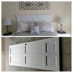 two pictures of a bed with white headboard and pillows, one has a love sign on the wall