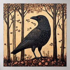 a painting of a black bird standing in the woods