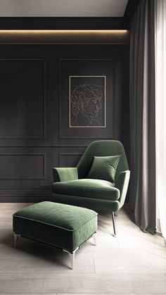 a green chair and footstool in front of a black wall with paneling