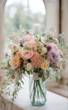 Dreamy pastel wedding bouquet with roses Pastel Roses Bouquet, Fall Pastel Wedding, Pastel Flowers Wedding, Pastel Wedding Florals, Spring Wedding Flowers Bouquet, Pastel Wedding Bouquet, Pastel Bridal Bouquet, Pastel Wedding Colors, Bouquet With Roses