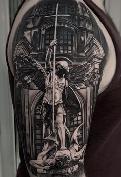 Blackout Shoulder Tattoo, San Michele Arcangelo Tattoo, Angel Warrior Tattoo, Arm Tattoos Lettering, Memorial Tattoo Ideas