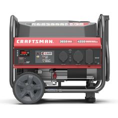 the craftsman portable generator is shown with wheels on it's sides and an electric start button