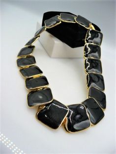 Modernist late century satin black enameled on machined gold tone abstract organic squares in a very collectible necklace choker is waiting for you. Excellent vintage - some slightest wear (not easily noticed). Hallmarks: No Size: 16 1/4" L  Weight: 4.6 ounces Delivery confirmation and insurance included in postage. The Shop: https://www.etsy.com/shop/cherrylippedroses Rare Jewelry, Necklace Top, Necklace Collar, Vintage Necklaces, Enamel Necklaces, Vintage Antique Jewelry, Gold Enamel, Enamel Jewelry, Link Necklace