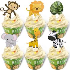 cupcakes decorated with jungle animals and zebras