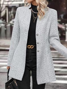 Shop Affordable  Women Plain Casual Wrap Daily Spring/Fall Jackets On Justfashionnow.com Light Gray Jacket Outfit, Gray Jacket Outfit, Plain Jacket, Fall Outerwear, Elegant Blazers, Types Of Coats, Winter Trench Coat, Wrap Jacket, Long Trench Coat