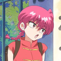 an anime character with pink hair wearing a red shirt and brown backpack standing in front of a blue wall