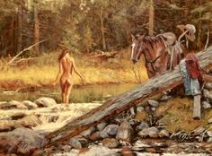 a painting of a woman and two horses in the woods by a stream with rocks