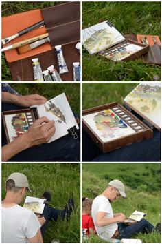 a man sitting in the grass painting pictures on canvases with watercolor pencils