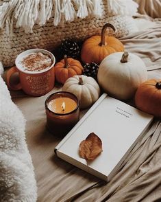 an open book and some pumpkins on a bed next to a cup of coffee