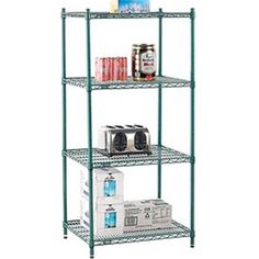 four tier shelving unit with various items on it