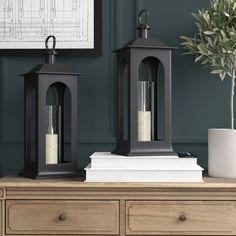 two black lanterns sitting on top of a dresser next to a potted plant