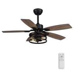 a ceiling fan with remote control and light