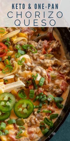 a skillet filled with cheese and vegetables