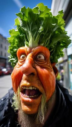 a man wearing a head made out of carrots and lettuce