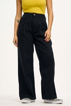 Cole Is Our Wide Leg, High Waist Jeans With A Bit Of Elastic For Comfort. Pure 90's Skater Vibes. Available Here In Black Denim! Our Fit Fixed Non-Stretch Waistband To Sit On The Waist With Fly Front And Button Closure, Extra Ease With Elasticated Side Panels Pleated Front Trouser For A Loose Fit Over The Hips Full Length Wide Leg Deep Side Angled Pockets And Back Patch Pockets The Fabric 100% Organic Cotton Denim - Made From Gots Certified Organic Cotton Yak Care Machine Washable Wash Before We 90's Skater, Wide Leg High Waist Jeans, Lucy Yak, Skater Vibes, Wide Leg Denim Jeans, Lucy And Yak, Dungarees Shorts, Loose Jeans, Waist Jeans