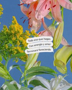 some flowers are in front of a blue sky with words written on them that read, to go eso que hagas con en ages energia y amor