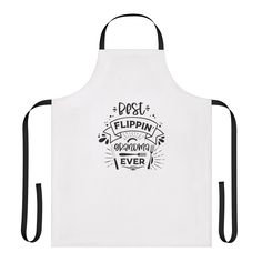 a white apron with the words, post flippin on it's front and back