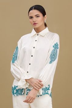 Embroidered Shirts For Women, Satin Shirts For Women, Embroidered Linen, Embroidered Neckline, Satin Shirt, Embroidery Blouse, Shirt For Women, Online Tops, Embroidered Shirt