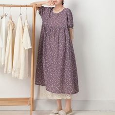 Details: Item Type: Dress Main Material: Cotton Linen Season: Spring, Autumn Style: Leisure, Daily Pattern Type: Floral Waist Type: Loose Fit Type: Loose fit/ Pullover Size: One Size Length: 106.00 cm/ 41.73 " Bust: 110.00 cm/ 43.31 " Shoulder: 42.00 cm/ 16.54 " Sleeve: 29.00 cm/ 11.42 " Cotton Linen Dresses, Autumn Style, Khaki Dress, Summer Floral, Khaki Green, Linen Dress, Purple Dress, Dress First, Cotton Linen