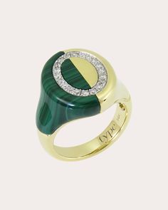 Drawing inspiration from traditional signet styles, this 14-karat ring features a unique split design—half green malachite and half polished gold. A halo of round-cut white diamonds creates elevated shimmer. From Type Jewelry's Je t'Aime Collection. 14k yellow gold, malachite and diamond Carat: 0.19 ctw diamond, 5.86 ctw malachite Diamond cut: round Polish with soft cloth Made in Hong Kong Measurements Face length: 15mm Diamond Signet Ring, Split Design, Green Malachite, Detailed Drawings, Women Diamond, Types Of Rings, White Diamonds, Signet Ring, Diamond Cut