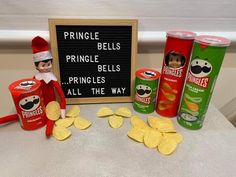 Ideas To Bring Elf On The Shelf Back, Elf Return Ideas With Gift, Elf Day One Ideas, Elf On Shelf Pringles, Pringle Elf On The Shelf, Elf On The Shelf Group Ideas, Pringle Bells Elf, Candy Elf On The Shelf Ideas, Elf On Shelf Food Ideas