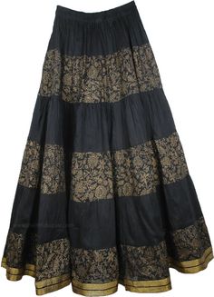 Black Cotton Festive Long Skirt - This is a quality cotton crinkle long skirt with golden brocade-lace work and a henna style floral rendition in hand block print. The flowing skirt is half lined to give it a full voluminous look and it features a stretchable elastic waistband for a flexible fit. A gorgeous golden ribbon encircles the hemline which gives the skirt a festive look. This skirt surely looks beautiful as it highlights the contrast in woodsmoke black and golden (see detailed picture b Traditional Black Cotton Skirt, Traditional Black Flowy Skirt, Festive Black Skirt, Traditional Black Skirt For Festive Season, Traditional Black Skirt For Festive Occasions, Traditional Black Lined Skirt, Tall Skirt, Henna Style, Wedding Skirt