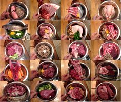 many pictures of different types of meat in bowls