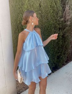 Halter neck layered mini dress light blue  summer party outfit, swedish summer, sommerkjol, sommer outfit, sthlm style, stockholm style, stockholmsstil, sommeroutfit, skärgården, midsommeroutfit, sommerkjole Mixed Outfits, Fashion Job, 18th Birthday Outfit, Chique Outfit, 2024 Outfits, Short Party Dress, Looks Party, Organza Dress, Wardrobe Ideas