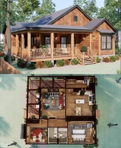 this is an aerial view of a log cabin