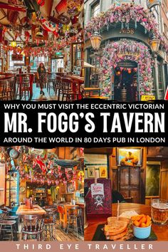 the front cover of mr fog's tavern in london, with pictures of tables and chairs