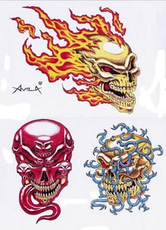 two skulls with flames on their faces and one skull in the middle, both facing different directions