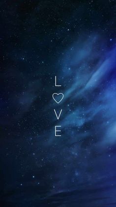 the word love is written in white on a dark blue background with stars and clouds