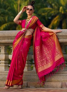 Step into elegance and grace with our Rani Pink Zari Handloom Weaving Art Silk Saree. This exquisite saree features a beautiful rich pallu and blouse, perfect for any event wear, party, or wedding. Made from high-quality silk, this saree is a must-have for any designer wardrobe. Elevate your Indian fashion game with this stunning art piece. The unstitched blouse can be customized upto 44 inches. Do Note: All the accessories shown are for styling purpose only. Slight color variation may occur due Traditional Handloom Pre-draped Saree For Wedding, Pink Zari Weaving Pre-draped Saree For Wedding, Handloom Saree For Wedding And Navratri, Pink Self Design Choli For Traditional Ceremonies, Pink Pre-draped Saree With Self Design For Traditional Ceremonies, Handloom Floor-length Traditional Wear For Navratri, Traditional Pink Floor-length Saree, Traditional Floor-length Pink Saree, Pink Self-design Pre-draped Saree For Traditional Ceremonies