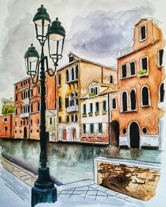 a watercolor painting of a street light and buildings in venice, italy on a cloudy day