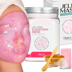 a woman with pink facial mask next to a jar of jell - o - mas