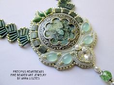 It is a great study of combining the different bead embroidery and bead weaving techniques and material - also a play of fifty shades of green - so feminine and delicate for real women :D Perfect gift for mothers, wives and loved ones. The necklace was made with many many Swarovski crystals- embellished with the finest Japanese and Czech glass seeds and pearls.  So rich in textures and colors - a real eye candy to wear at any occasion. The backing is silver colored genuine leather. The necklace Green Spacer Beads For Jewelry Making, Artisan Green Beaded Gems And Cabochons, Green Beads With Bead Caps For Jewelry Making, Green Beaded Gems And Cabochons For Gifts, Handmade Artisan Green Beads, Gems, And Cabochons, Unique Handmade Green Beads, Gems, And Cabochons, Green Pendant Beads For Jewelry Making, Iron Eagle, Embroidery Necklace