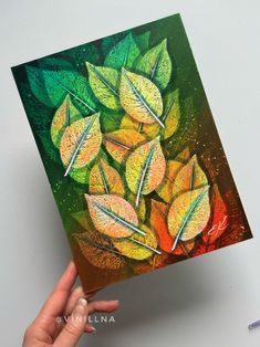 Green Yellow Orange Leaves Painting Leaves Impressions Painting Rainbow Leaves Painting Botanical Painting - Etsy Ukraine Abstract Leaves Painting Acrylics, Fall Leaf Painting Acrylic, Layered Leaf Painting, Paint With Leaves Leaf Prints, Leaf Painting Acrylic, Acrylic Beginner, Rainbow Leaves, Bts School, Mixed Media Fall Leaves