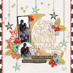 a scrapbook page with an image of two people on the moon and stars in the background