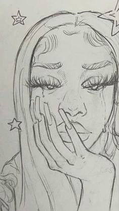 a drawing of a girl holding her hand up to her face with stars above her head