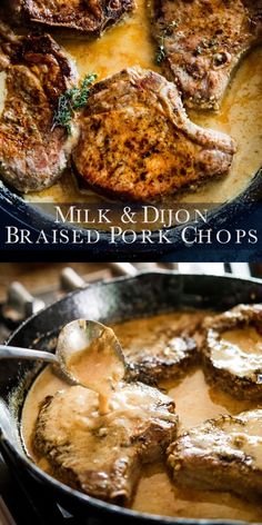 steak and onion braised pork chops with gravy in a skillet