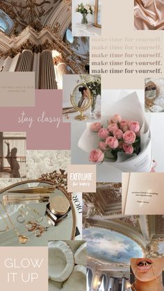 a collage with pink flowers and gold accessories in the center, along with text that reads stay classy