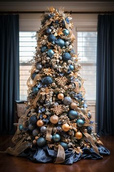 a decorated christmas tree with blue and gold ornaments