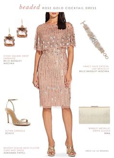 a woman in a pink dress and accessories for her wedding day, with the words beaded rose gold cocktail dress